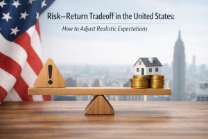 A balanced wooden scale placed on a desk, with a warning symbol on one side and a stack of gold coins topped by a small house on the other, set against a blurred U.S. flag and city skyline, symbolizing the risk–return balance, financial decision-making, and long-term investments in the United States.