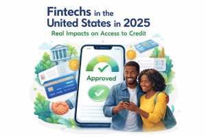 Illustration for a fintech credit-access topic: a smartphone screen shows “Approved” with green checkmarks, surrounded by banking and payment icons (credit cards, coins, a bank building, charts, and a handshake). In the foreground, a smiling couple looks at a phone, suggesting easy digital borrowing and modern financial services in the United States in 2025.