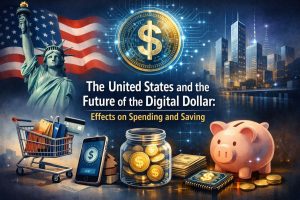 Illustration about the future of the U.S. digital dollar: the Statue of Liberty and the American flag appear on the left, while a glowing digital dollar coin floats over a futuristic city skyline. In the foreground, symbols of consumption and saving are shown, including a shopping cart with credit cards, a smartphone displaying a dollar icon, a glass jar filled with coins, stacks of cash, a microchip with a dollar symbol, and a piggy bank, representing the impact of digital currency on spending and savings.