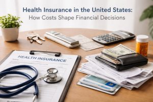 A tabletop scene illustrating the financial impact of healthcare in the United States. On the left, a clipboard holds a document titled “HEALTH INSURANCE,” with a blue stethoscope resting across it. In the center and right, a large stack of medical bills and paperwork sits beside an open black wallet stuffed with U.S. dollar bills, with credit cards visible beneath the papers. A calculator and a stapler lie near the back of the wooden table, and a prescription pill bottle stands on the far right. A set of keys and a small potted plant add everyday context. At the top, the headline reads: “Health Insurance in the United States: How Costs Shape Financial Decisions.