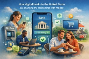 Illustrated scene showing how digital banking is changing everyday money management in the United States. At the center, a large smartphone displays a banking app with a classical bank icon and a green “Send Money” confirmation. Around it, diverse illustrated adults use smartphones and laptops to make payments and manage finances. Icons representing no fees, contactless payments, online shopping, Wi-Fi, and cryptocurrency float in the background. A couple sits at a café table checking a phone together, while another person works on a laptop nearby. In the distance, suburban houses and a “sold” sign suggest real-life financial milestones. The headline at the top reads: “How digital banks in the United States are changing the relationship with money.” All people are illustrated characters, not identifiable real individuals.