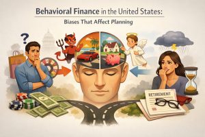 Illustrated banner about behavioral finance and decision-making in the United States. At the top, the headline reads: “Behavioral Finance in the United States: Biases That Affect Planning.” In the center, a large face with a split brain symbolizes internal conflict, with one side showing impulsive temptations such as a sports car and a devil figure, and the other side showing long-term goals like a house, a piggy bank, and an angel figure. On the left, an illustrated man looks uncertain beside shopping bags, casino chips, and stacks of cash, suggesting risk and spending. On the right, an illustrated woman appears worried under a storm cloud and lightning, next to retirement papers, eyeglasses, a notebook, and an hourglass, emphasizing time pressure and future planning. All people are illustrated characters, not identifiable real individuals.