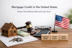A mortgage-themed desktop scene illustrating key factors that influence home loan rates and terms in the United States. On a wooden table, a small wooden house model sits beside a stack of U.S. dollar bills, a set of house keys, and mortgage paperwork. In the background, a judge’s gavel and a calculator suggest legal and financial evaluation, with a pair of eyeglasses resting nearby. A small U.S. flag stands on the right. Three wooden blocks in the foreground read “Interest Rates,” “Credit Score,” and “Loan Terms.” At the top of the image, the headline reads: “Mortgage Credit in the United States — Factors That Influence Rates and Loan Terms.