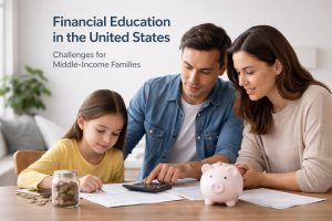 A family sits at a kitchen table reviewing paperwork as part of a financial education moment. An adult man points at a calculator while an adult woman looks on, and a young girl writes on a document. A pink piggy bank is in the foreground, and a glass jar filled with coins sits beside scattered change. The scene suggests budgeting, saving, and planning for middle-income households. Text in the upper left reads: “Financial Education in the United States — Challenges for Middle-Income Families.” The people appear to be real individuals, but their names are not provided.