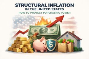 Illustration representing structural inflation in the United States and strategies to protect purchasing power. In the center, a stack of U.S. dollar bills appears partially on fire, symbolizing money losing value, with a red upward arrow showing rising prices. In the foreground, a pink piggy bank stands next to a shield with a dollar sign, suggesting financial protection. Gold bars and coins sit on the left, while grocery bags filled with food and a suburban house appear on the right, representing essential expenses. A faded American flag forms the background. At the top, the headline reads: “Structural Inflation in the United States — How to Protect Purchasing Power.” No real people are depicted; all elements are illustrated.