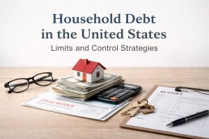 Header image with the title ‘Household Debt in the United States’ and the subtitle ‘Limits and Control Strategies’ on a light background. On a wooden desk below, a small model house sits on a stack of U.S. dollar bills beside a calculator, suggesting mortgage and payment planning. Nearby are eyeglasses, a ‘Final Notice’ document, and a clipboard labeled ‘Budget’ with a pen and a set of keys, emphasizing household expenses and financial organization.