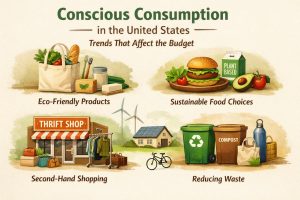 Illustrated infographic titled ‘Conscious Consumption in the United States’ with the subtitle ‘Trends That Affect the Budget’ on a beige textured background. Four themed panels show: eco-friendly products (reusable grocery bag with vegetables, soap bar, toothbrushes, and a glass jar), sustainable food choices (a plant-based burger with fresh produce and a carton labeled ‘Plant Based’), second-hand shopping (a thrift shop storefront with clothing rack and bags), and reducing waste (recycling and compost bins, reusable bottle, tote bag, and containers). In the center background, a small house with solar panels and wind turbines reinforces sustainability and cost-conscious living.