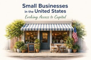 Header image showing a small neighborhood café storefront in the United States with a blue-and-white striped awning, outdoor wooden table and chairs, and potted plants along the entrance. A chalkboard sign reading ‘Open’ stands near the door, while a U.S. flag hangs to the right of the building. Above the scene, the title ‘Small Businesses in the United States’ and the subtitle ‘Evolving Access to Capital’ appear on a light background, symbolizing local entrepreneurship, community presence, and changing financial opportunities.