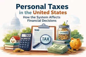 Illustrated header graphic titled ‘Personal Taxes in the United States’ with the subtitle ‘How the System Affects Financial Decisions.’ On a desk scene, a clipboard shows a ‘1040’ tax form, with a magnifying glass highlighting the word ‘TAX.’ A calculator labeled ‘TAX’ sits beside stacked books and a small house model, suggesting deductions and household budgeting. To the right, a glass jar labeled ‘SAVINGS’ is filled with coins, next to a stack of U.S. dollar bills and scattered coins, while a yellow piggy bank symbolizes saving and planning. A faint U.S. Capitol silhouette in the background reinforces the national policy context.