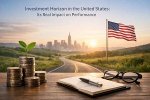 A serene financial scene showing stacks of coins with a small green plant growing on top, an open notebook with a pen and glasses on a wooden table, and a winding road leading toward a city skyline at sunrise, alongside a U.S. flag, symbolizing long-term investments, patience, and the impact of investment horizon on performance in the United States.