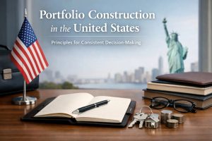 A professional financial workspace featuring an open notebook with a pen, stacked books, eyeglasses, house keys, and neatly arranged coins on a wooden desk, with a U.S. flag and the Statue of Liberty visible in the background, symbolizing portfolio construction, disciplined planning, and long-term investments in the United States guided by consistent decision-making principles.