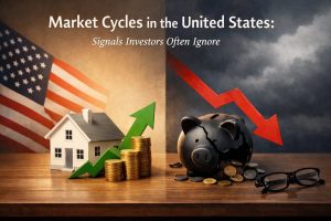 A split visual showing contrasting market phases: on one side, a house model, stacked coins, and an upward green arrow in front of the U.S. flag symbolizing growth, and on the other, a broken piggy bank with scattered coins and a downward red arrow under dark clouds, illustrating market cycles, shifting sentiment, and long-term investments in the United States.