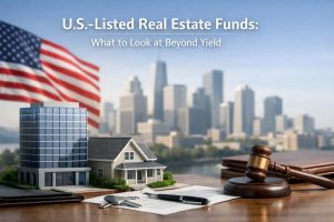 A detailed scene showing commercial and residential property models on a desk alongside legal documents, a judge’s gavel, and a pen, with the U.S. flag and a modern city skyline in the background, illustrating real estate investments, regulatory considerations, and long-term value analysis in U.S.-listed property funds.