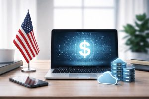 A modern desk scene featuring a laptop displaying a digital dollar symbol, cloud and server icons, a smartphone, and a small U.S. flag, representing technology investments in the United States, digital infrastructure growth, innovation-driven returns, and the importance of diversification to avoid excessive concentration in tech-focused portfolios.