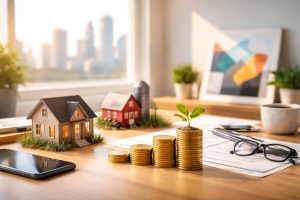Minimalist and realistic desk scene representing alternative finance investments in the United States, featuring a small model house and barn symbolizing real estate and agriculture, stacks of gold coins with a young plant growing on top indicating long-term financial growth, and everyday objects like documents, glasses, and a smartphone, all arranged in a clean, well-lit workspace with a soft urban background.