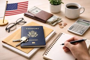 U.S. passport placed on a desk with financial documents, wallet with cash, calculator, notebook, keys, and an American flag, representing careful finances preparation and financial planning for immigration to the United States.