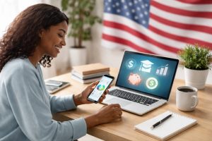 Young woman studying digital financial education at a minimalist home workspace, using a laptop and smartphone to explore finances through modern learning tools, with a subtle United States flag in the background and a clean, organized desk environment.