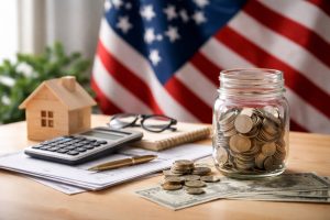 Minimalist and realistic workspace scene representing long-term financial planning in the United States, featuring a glass jar filled with coins, a small wooden house model, a calculator, scattered dollar bills, and documents on a wooden desk, with a softly blurred American flag in the background, symbolizing stability, responsibility, and finances in a long-term context.