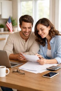 Couple reviewing household documents at a wooden table in a bright kitchen, smiling while analyzing paperwork together with a laptop, calculator, and smartphone, representing shared finances and financial planning for couples in the United States.