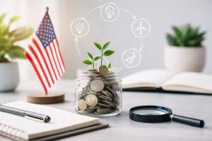 Minimalist and realistic scene representing investiments through thematic ETFs in the United States, featuring a glass jar filled with coins and small green plants symbolizing growth and maturity, an American flag in soft focus, a magnifying glass and notebook on a clean desk, and subtle abstract icons in the background suggesting innovation cycles, sustainability, and long-term market evaluation.