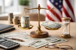 Minimalist and realistic scene representing investiments in U.S. government bonds, featuring a balanced golden scale with U.S. dollar bills on both sides, symbolizing maturity and liquidity, placed on a wooden desk with financial documents, a calculator, an hourglass, and a softly blurred American flag in the background, conveying stability, time horizon, and prudent financial decision-making.