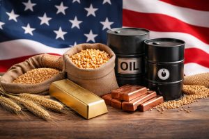 A realistic and minimalist image depicting commodities in the United States, with sacks of grain, gold and copper bars, and barrels of oil arranged on a wooden surface, with the American flag in the background. The visual composition symbolizes portfolio diversification and the relevance of physical assets in the context of long-term investments and financial strategies.
