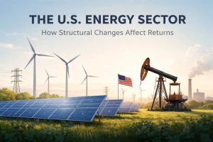 A wide landscape showing solar panels and wind turbines alongside an oil pumpjack flying the U.S. flag, with power lines and industrial structures in the background, illustrating the transformation of the U.S. energy mix, structural change, and long-term investments across traditional and renewable energy sources.