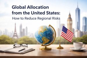 A clean workspace featuring a globe and a small United States flag on a wooden desk, with a notebook, glasses, and coffee cup in the foreground, and iconic global city skylines blurred in the background, symbolizing global investments, international markets, and strategies to reduce regional risk.