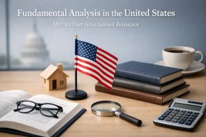 A refined financial workspace with an open book, reading glasses, a magnifying glass, stacked hardcover books, a calculator, and a small U.S. flag on a desk, with a blurred institutional building in the background, symbolizing fundamental analysis, informed decision-making, and long-term investments in the United States based on evolving financial metrics.