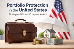 A conceptual scene showing a leather briefcase, stacks of cash and gold coins, and a small house protected by a white umbrella on a wooden desk, with a U.S. flag in the background, representing portfolio protection, risk management, capital preservation, and resilient investments in the United States without relying on complex assets.