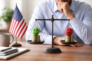 A symbolic financial scene showing a balance scale with stacks of coins topped by contrasting emotional faces—one smiling in green and one worried in red—set on a desk beside a U.S. flag and a thoughtful investor in the background, representing how emotions influence decision-making, risk perception, and investment outcomes in the United States, highlighting the role of investor psychology in long-term investments.