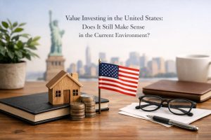 A composed desk scene featuring stacked books, a small wooden house, coins, and a United States flag in the foreground, with the Statue of Liberty and a blurred city skyline in the background, symbolizing value-focused investments, long-term financial analysis, and fundamental decision-making in U.S. markets.