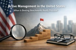 A conceptual workspace scene showing a magnifying glass, wooden steps leading to a mountain peak marked with a red flag, and a notebook with glasses and a pen on a desk, with a blurred U.S. flag and city skyline in the background, symbolizing active investments, performance analysis, and the challenge of outperforming benchmarks in U.S. markets.