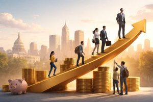 Economy growth concept with professionals climbing an upward arrow and stacked coins