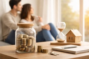 Economy savings planning with a jar of coins, house model, and couple at home
