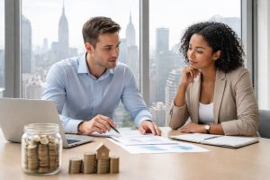 Economy financial discussion with advisors reviewing charts and investment data