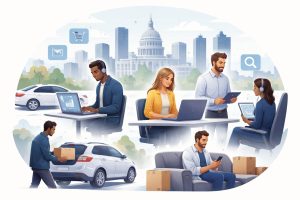 Economy digital transformation showing people working online across services and logistics