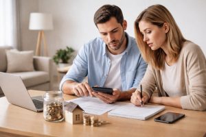 Economy household budgeting with a couple calculating expenses and savings at home