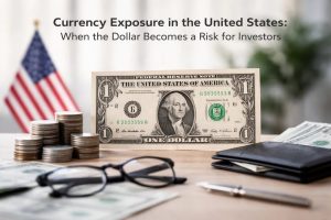 A close-up composition featuring a U.S. dollar bill standing upright on a desk, surrounded by stacked coins, a wallet, documents, and a pen, with an American flag softly blurred in the background, illustrating currency-related investments, exchange rate risk, and the impact of dollar fluctuations on investor returns.