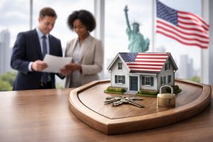 Finances planning with a home model, keys, and American real estate documents