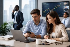 Finances analysis in a corporate office with stock market charts and professionals working