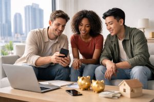 Finances discussion among young investors reviewing savings and investment goals