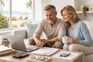 Finances and retirement planning with couple reviewing documents and future income