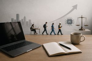 Minimalist workspace scene illustrating the modern economy, featuring a laptop, notebook and coffee mug on a wooden desk in the foreground, while a conceptual background shows diverse professionals walking forward, a subtle city skyline, and symbolic elements like artificial intelligence and balance scales, representing shifting labor dynamics and income changes in the contemporary economy.