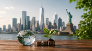 Realistic and minimalist sustainable investment scene featuring a transparent globe focused on the Americas beside stacked coins supporting a young green plant on a wooden surface. In the softly blurred background, the New York skyline and the Statue of Liberty appear under natural daylight, symbolizing long-term sustainable investments, environmental responsibility, and financial growth in the United States.