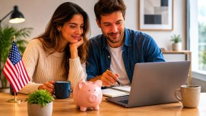 Couple sitting at a wooden table in a modern home office while reviewing finances together on a laptop, with a pink piggy bank, coffee mugs, notebook, indoor plants, and a small American flag creating a warm and minimalist financial planning scene.