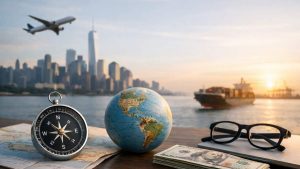 Globe, compass, map, eyeglasses, and U.S. dollar bills arranged on a table by the water, with a city skyline, airplane, and cargo ship in the background at sunset, symbolizing the global economy, international trade, travel, and financial shifts.