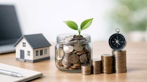 Glass jar filled with coins and a small green plant growing from the soil, placed beside stacked coins, a compass, a miniature house, a laptop, and a notebook on a desk, symbolizing smart investments, portfolio growth, real estate planning, savings, and long-term financial direction.