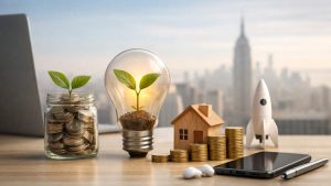 Coins in a glass jar with a small plant, a glowing light bulb holding a sprout, stacked coins, a miniature wooden house, a toy rocket, a smartphone, earbuds, and a laptop on a desk, with a blurred city skyline in the background, symbolizing smart money growth, savings, investments, real estate goals, innovation, and financial planning.